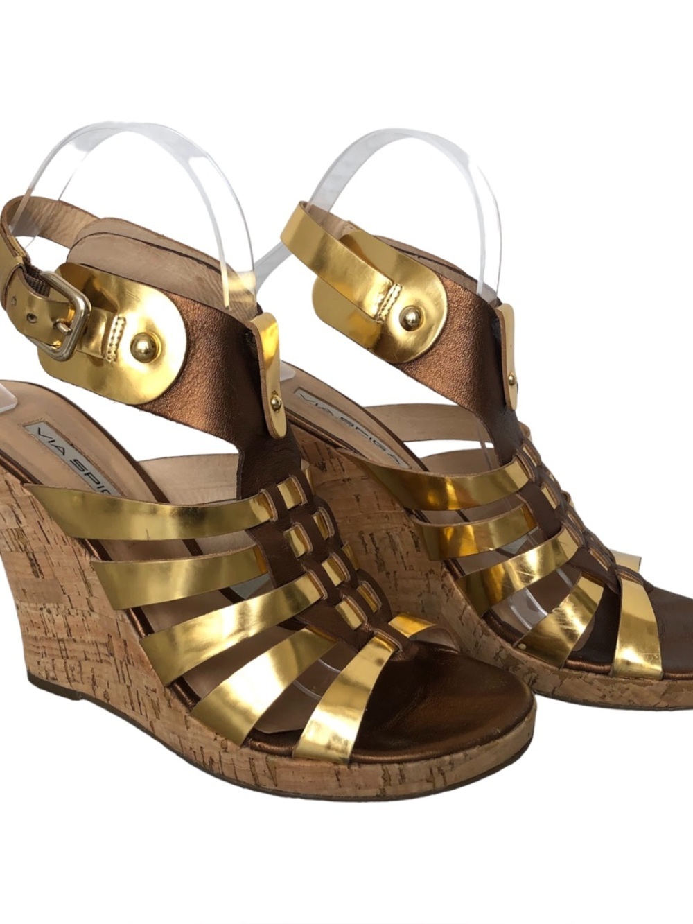 Via Spiga metallic Bronze and Gold Leather Cork Wedge Heel Sandals Size 7.5